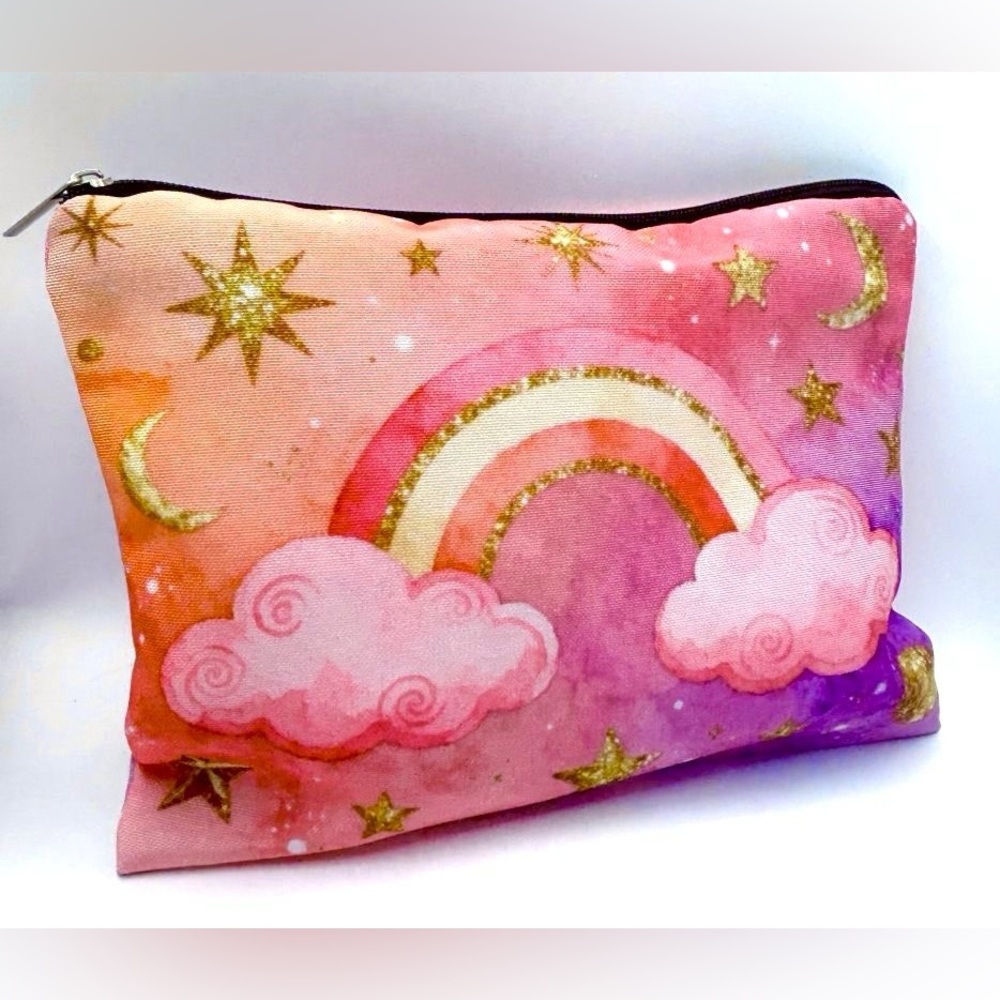 Dreamy Pink Purple Celestial Rainbow Zippered Pouch Cosmetics Makeup Bag New
